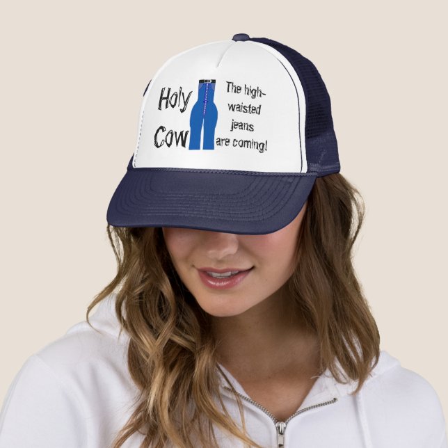High Waisted Jeans Blue Denim Retro Humor Trucker Hat (In Situ)