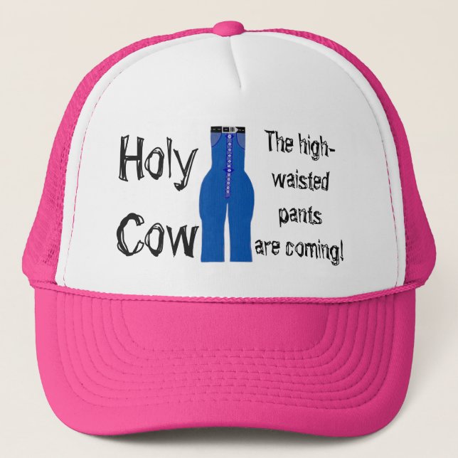 High Waisted Pants Blue Denim Retro Humor Trucker Hat (Front)