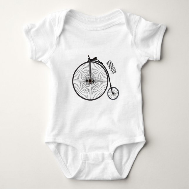 High wheel bicycle cartoon illustration baby bodysuit (Front)