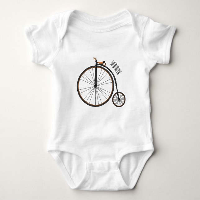 High wheel bicycle cartoon illustration baby bodysuit (Front)