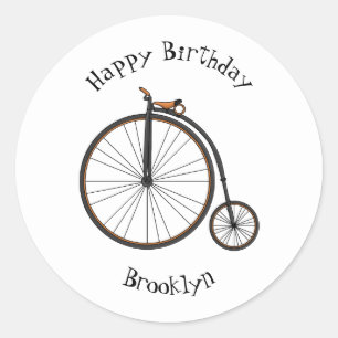 High wheel bicycle cartoon illustration classic round sticker