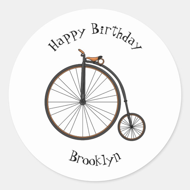 High wheel bicycle cartoon illustration classic round sticker (Front)