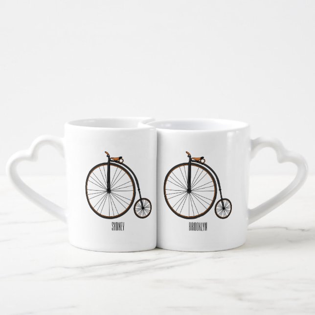 High wheel bicycle cartoon illustration coffee mug set (Back Nesting)