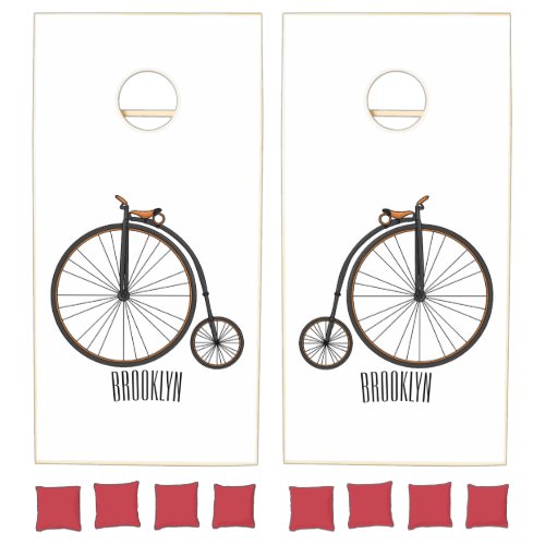 High wheel bicycle cartoon illustration  cornhole set