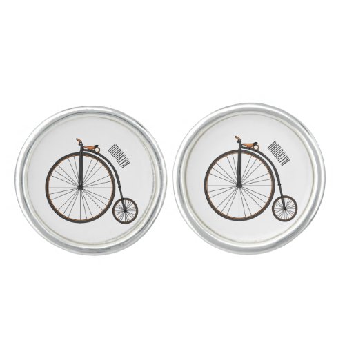 High wheel bicycle cartoon illustration  cufflinks