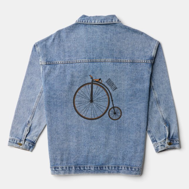 High wheel bicycle cartoon illustration  denim jacket (Back)