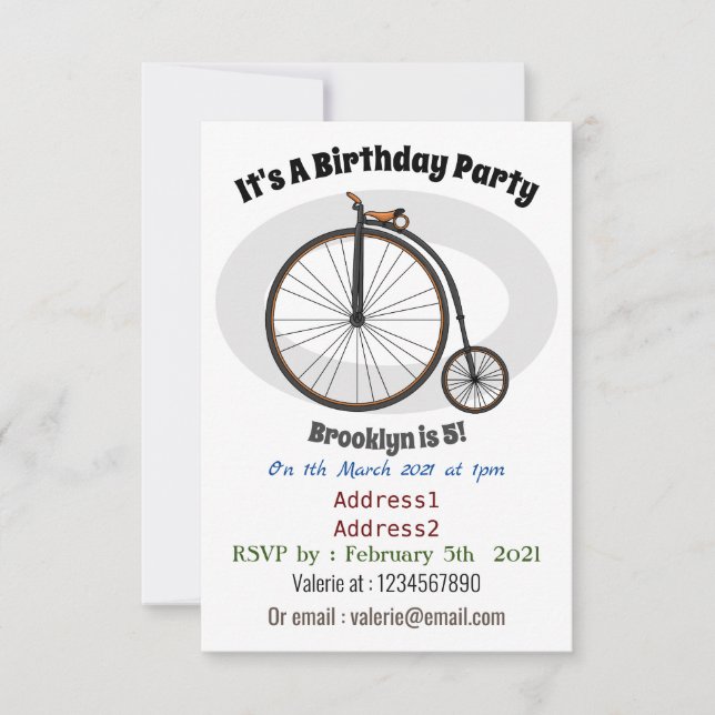 High wheel bicycle cartoon illustration  invitation (Front)