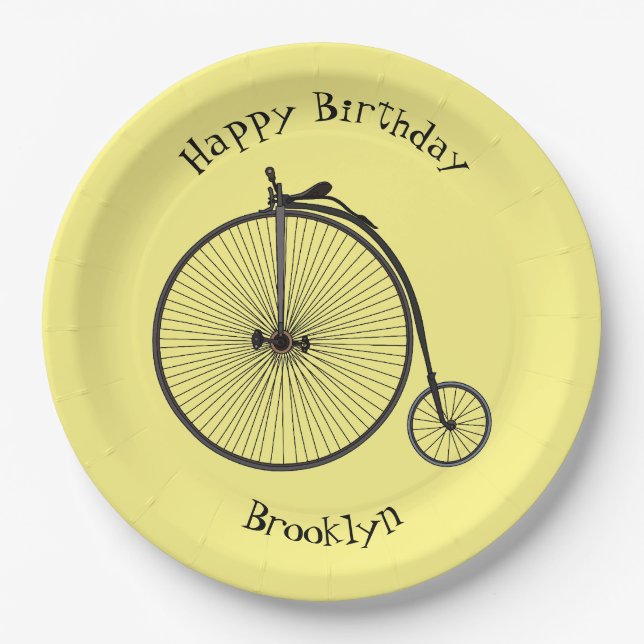 High wheel bicycle cartoon illustration paper plates (Front)