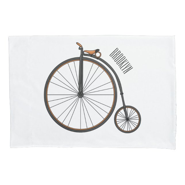 High wheel bicycle cartoon illustration pillow case (Front)