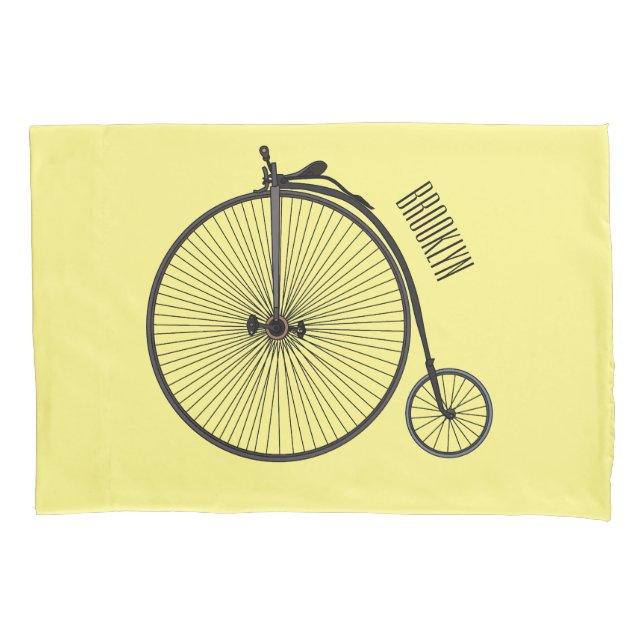 High wheel bicycle cartoon illustration pillow case (Front)