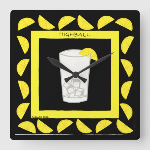 Highball Retro Drink Cocktail Yellow Lemons Black Square Wall Clock