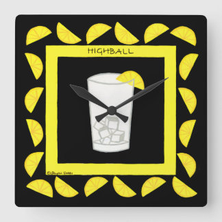 Highball Retro Drink Cocktail Yellow Lemons Black Square Wall Clock