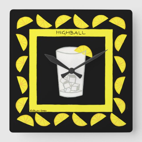 Highball Retro Drink Cocktail Yellow Lemons Black Square Wall Clock