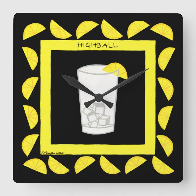Highball Retro Drink Cocktail Yellow Lemons Black Square Wall Clock (Front)
