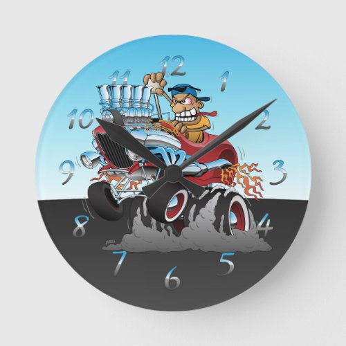 Highboy Hot Rod Race Car Cartoon Round Clock