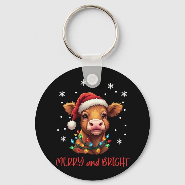 Highland Baby Cow Christmas Lights  Keychain (Front)
