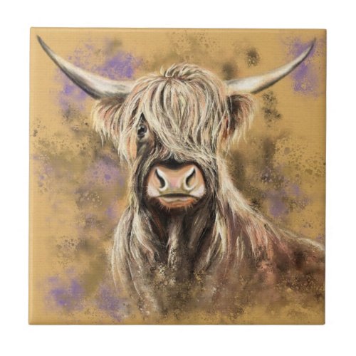 Highland Bull _ Migned Drawing Art Collection Ceramic Tile