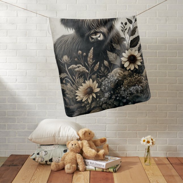 Highland Bull with Sunflower Baby Blanket (In Situ)