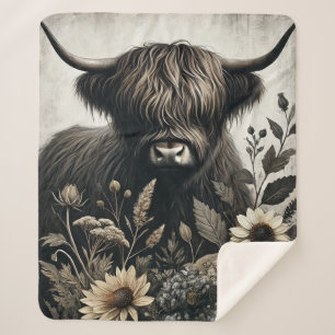 Highland Bull with Sunflower Sherpa Blanket