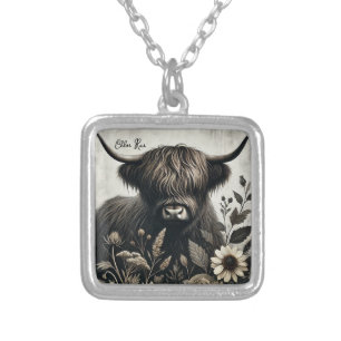 Highland Bull with Sunflower Silver Plated Necklace