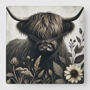Highland Bull with Sunflower Square Wall Clock