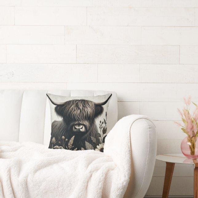 Highland Bull with Sunflower Throw Pillow (Couch)