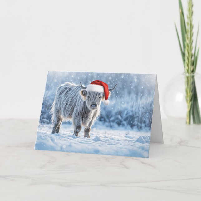 Highland Calf in the Snow Happy Holidays  Card (Front)