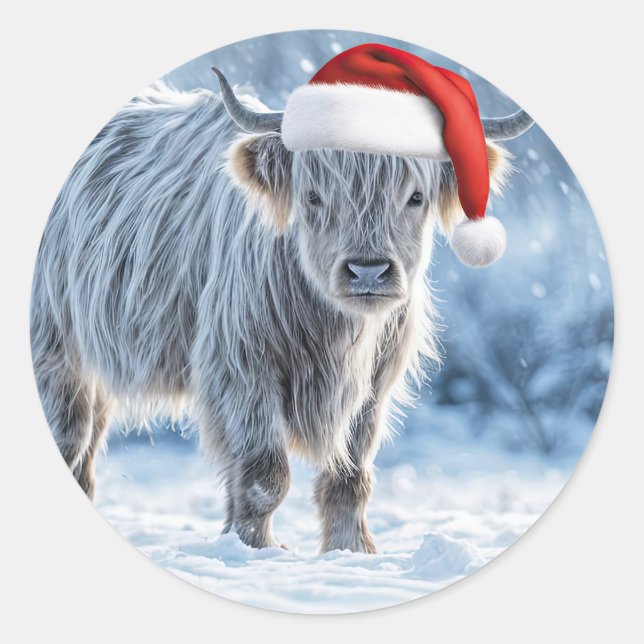 Highland Calf in the Snow Happy Holidays Cute  Classic Round Sticker (Front)