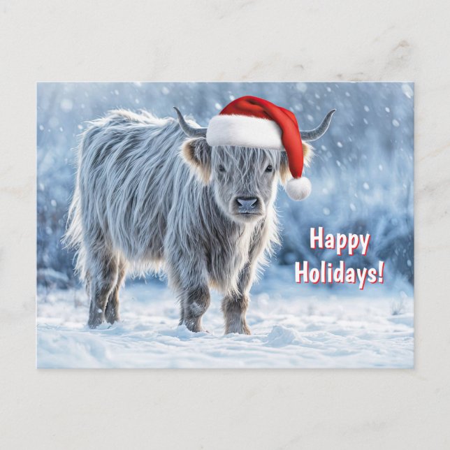 Highland Calf in the Snow Happy Holidays Cute  Holiday Postcard (Front)
