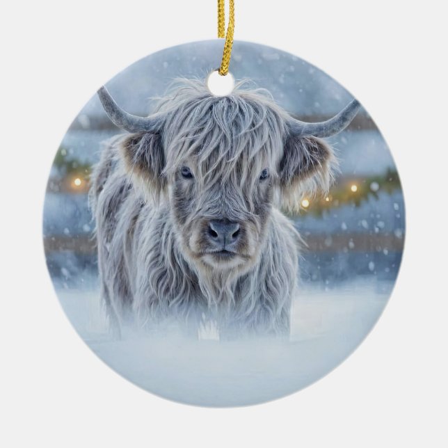 Highland Calif in the Snow Country Cute Ceramic Ornament (Front)