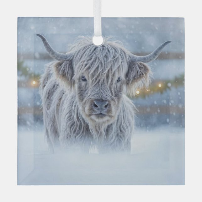 Highland Calif in the Snow Country Cute Glass Ornament (Front)