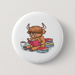 Highland Cattle Cow Read Books Drink Coffee Classi Button