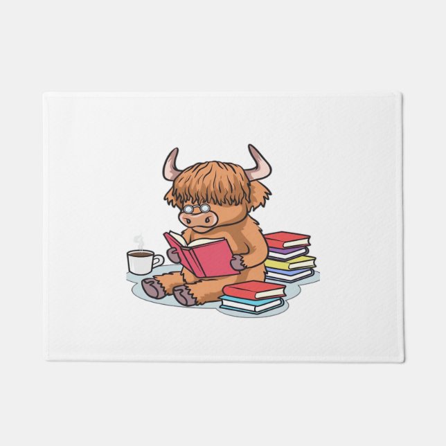 Highland Cattle Cow Read Books Drink Coffee Classi Doormat (Front)