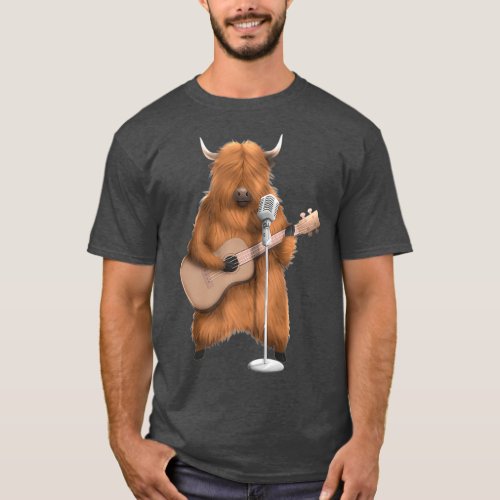 Highland Cattle Cow Singing Guitar Player T_Shirt