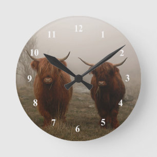 Highland Cattle Fog Photo Round Clock