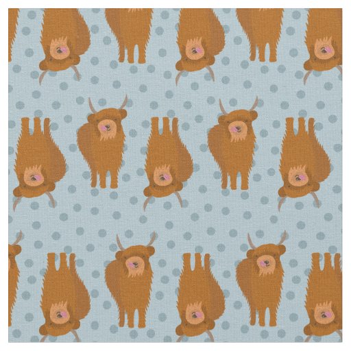 Highland Cattle on Pale Blue Polka Dots Patterned Fabric