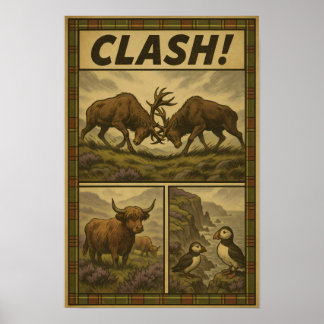 Highland Clash – Stags, Puffins & Cattle Poster