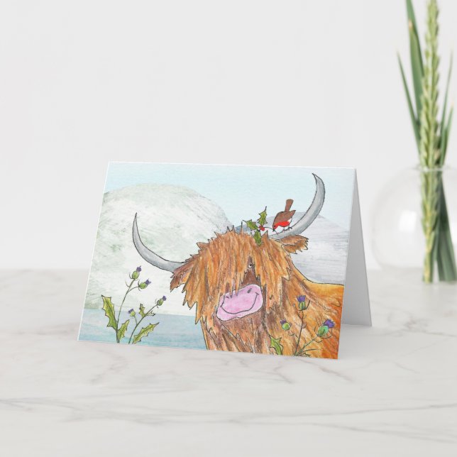 Highland coo and robin Christmas card (Front)
