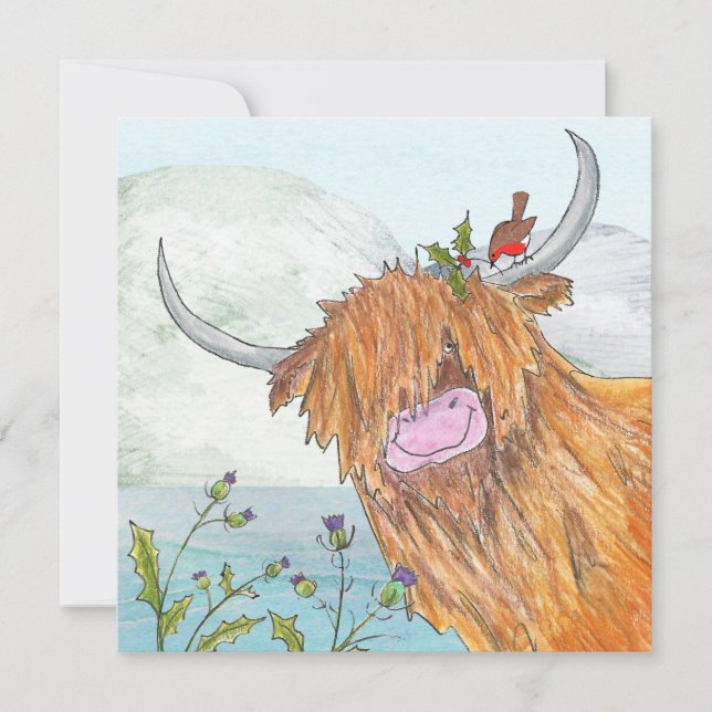Highland coo and robin flat Christmas card (Front)