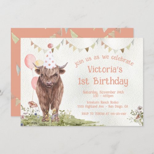 Highland Cow 1st Birthday Party Invitation