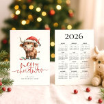 Highland Cow 2026 Calendar Merry Christmas Holiday Card<br><div class="desc">Cute Highland Cow Name 2026 Calendar Merry Christmas. Available digitally and printed. Festive cuteness for your holiday wishes, with this fun design with a sweet highland cow in his Santa hat. Merry Christmas is in a set modern script and easily personalise your greeting and name beneath. A handy 2026 calendar...</div>