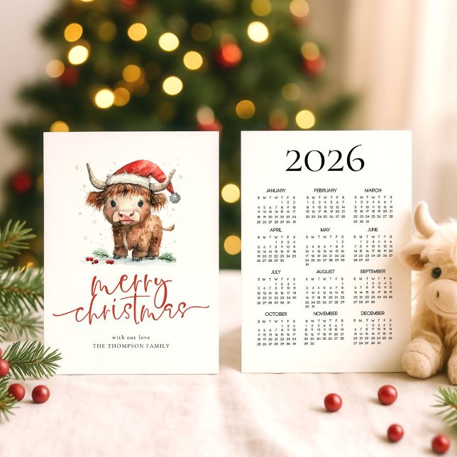 Highland Cow 2026 Calendar Merry Christmas Holiday Card (View of each side)