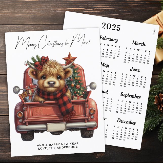 Highland Cow 2026 Calendar Red Truck Christmas Holiday Postcard (Creator Uploaded)