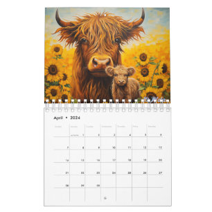 highland cow 2026 Calendar with calf sunflower