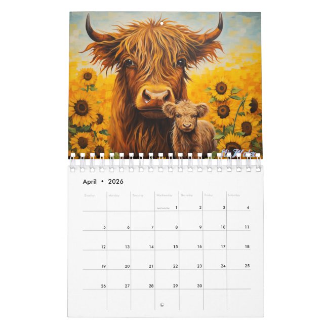 highland cow 2026 Calendar with calf sunflower (Apr 2026)