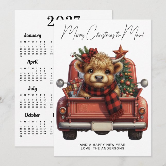 Highland Cow 2027 Calendar Red Truck Christmas Holiday Card (Front/Back)