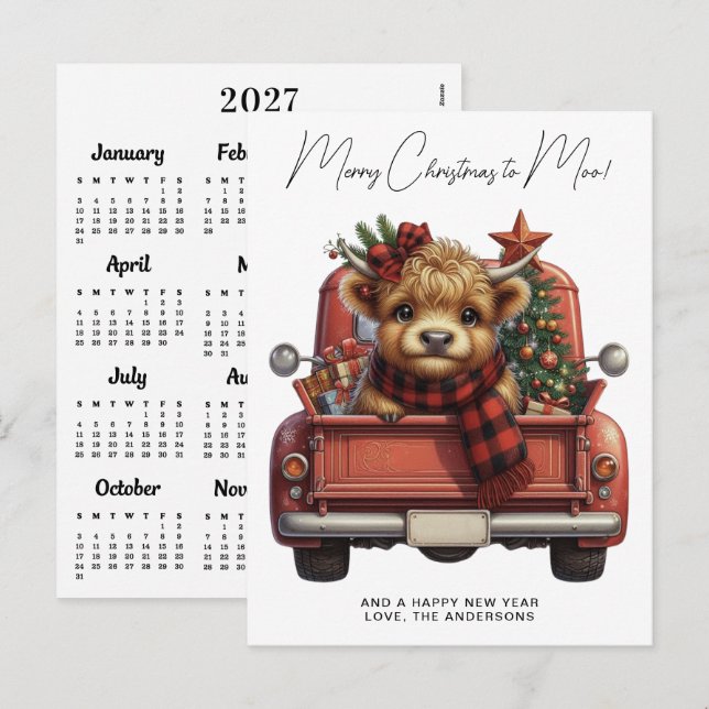 Highland Cow 2027 Calendar Red Truck Christmas Holiday Postcard (Front/Back)