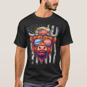 Highland Cow 4Th July Usa Flag Dad Father America  T-Shirt