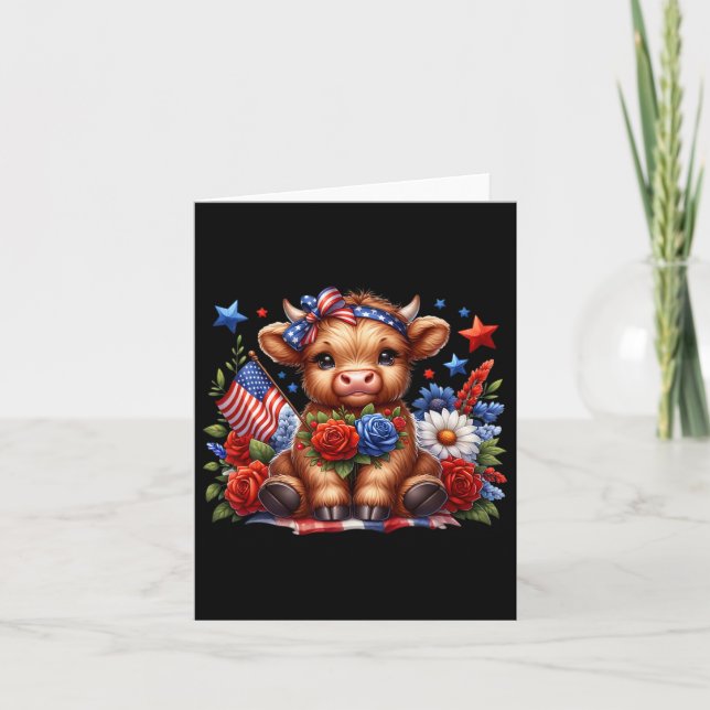 Highland Cow 4th Of July Floral Usa Patriotic Cow  Card (Front)