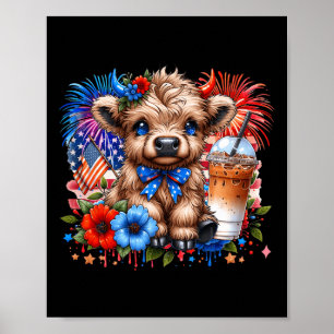 Highland Cow 4th Of July Floral Usa Patriotic Cow Poster